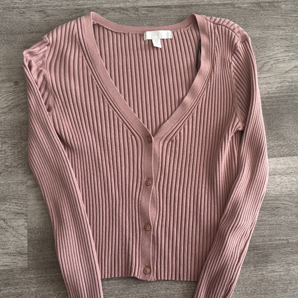 Ribbed Pink Cardigan Sweater